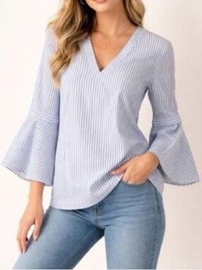 Banana Republic Women’s Blue and White Striped V-Neck 3/4 Length Bell Sleeve Top